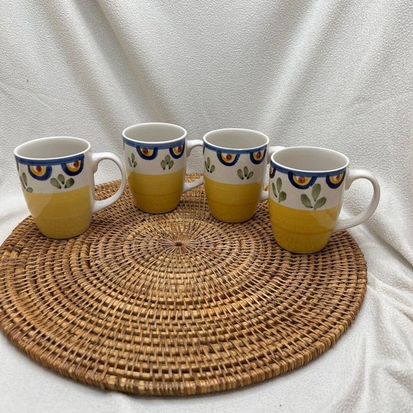 Set of 4 TALAVERA by Philippe Richard Coffee Mug Cup Yellow Blue Floral Vintage - Picture 3 of 9